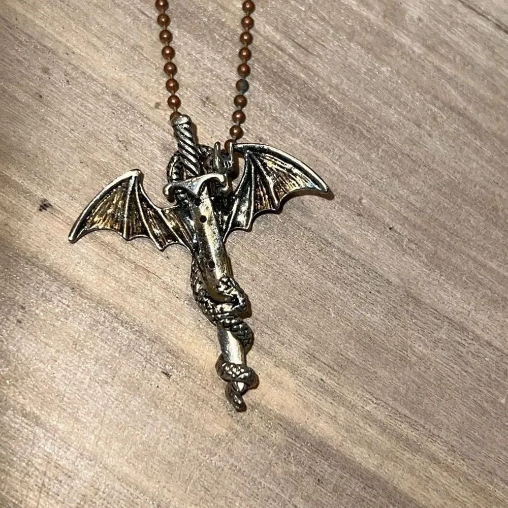 Dragon Necklace for Men, Sword Pendant, Winged Dragon Necklace with Chain